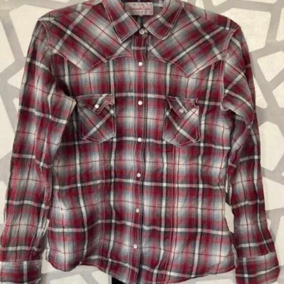 Panhandle Slim Vintage Western Pearl Snap Plaid Shirt Metallic Thread Medium - Picture 1 of 4
